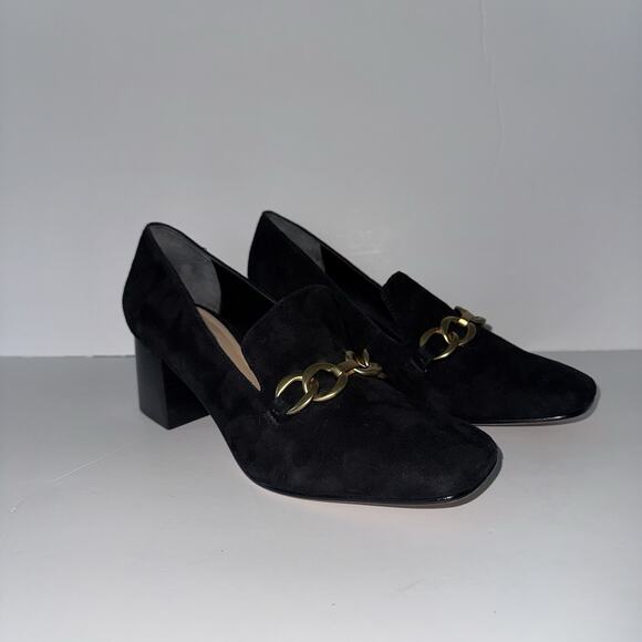 Vis Spiga Women’s Black Suede Block Heel Loafers Size 7 Chain Detail Slip On - Picture 3 of 11